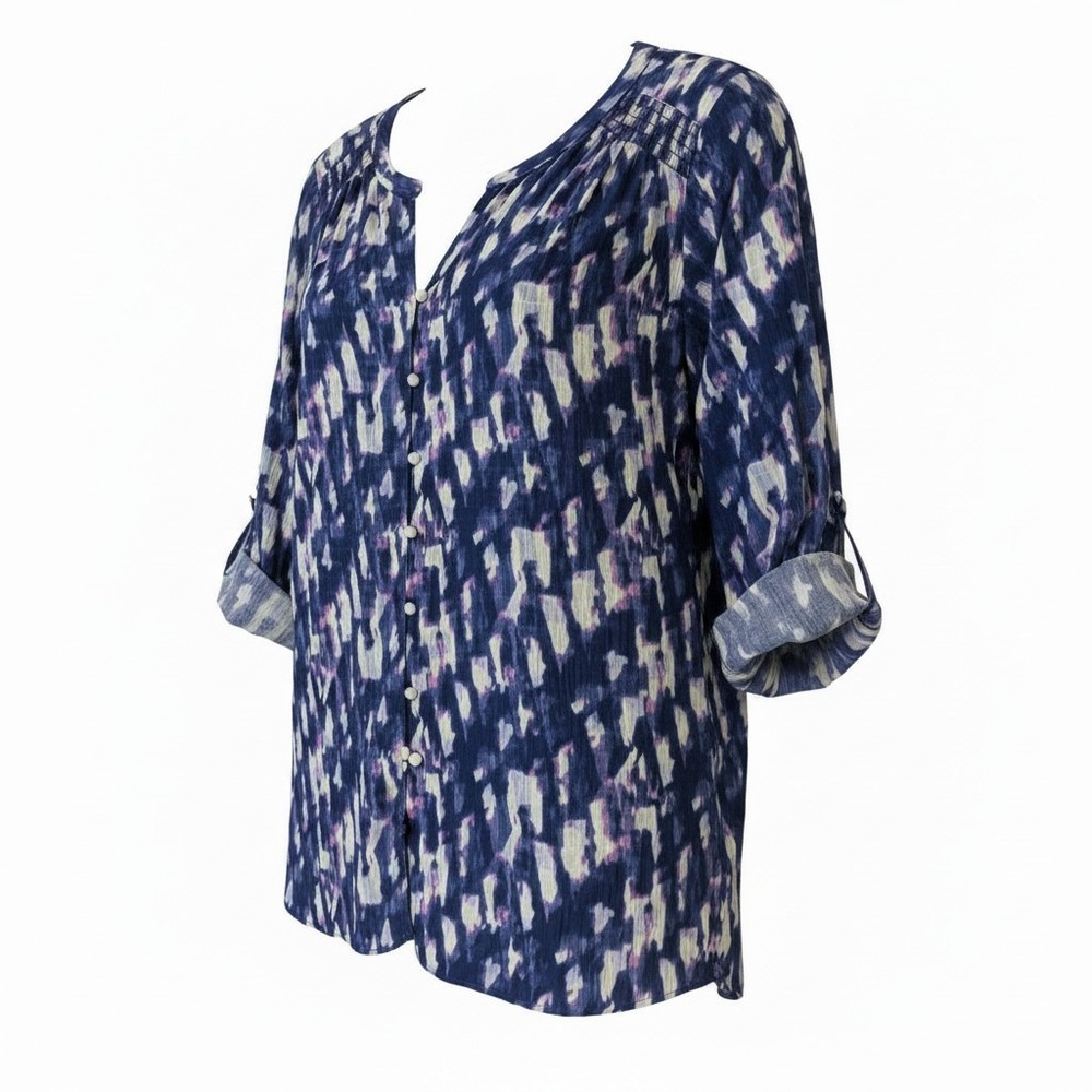 Rose + Olive Womens 2X Navy Purple Abstract‎ Smocked 3/4 Sleeve Button Blouse